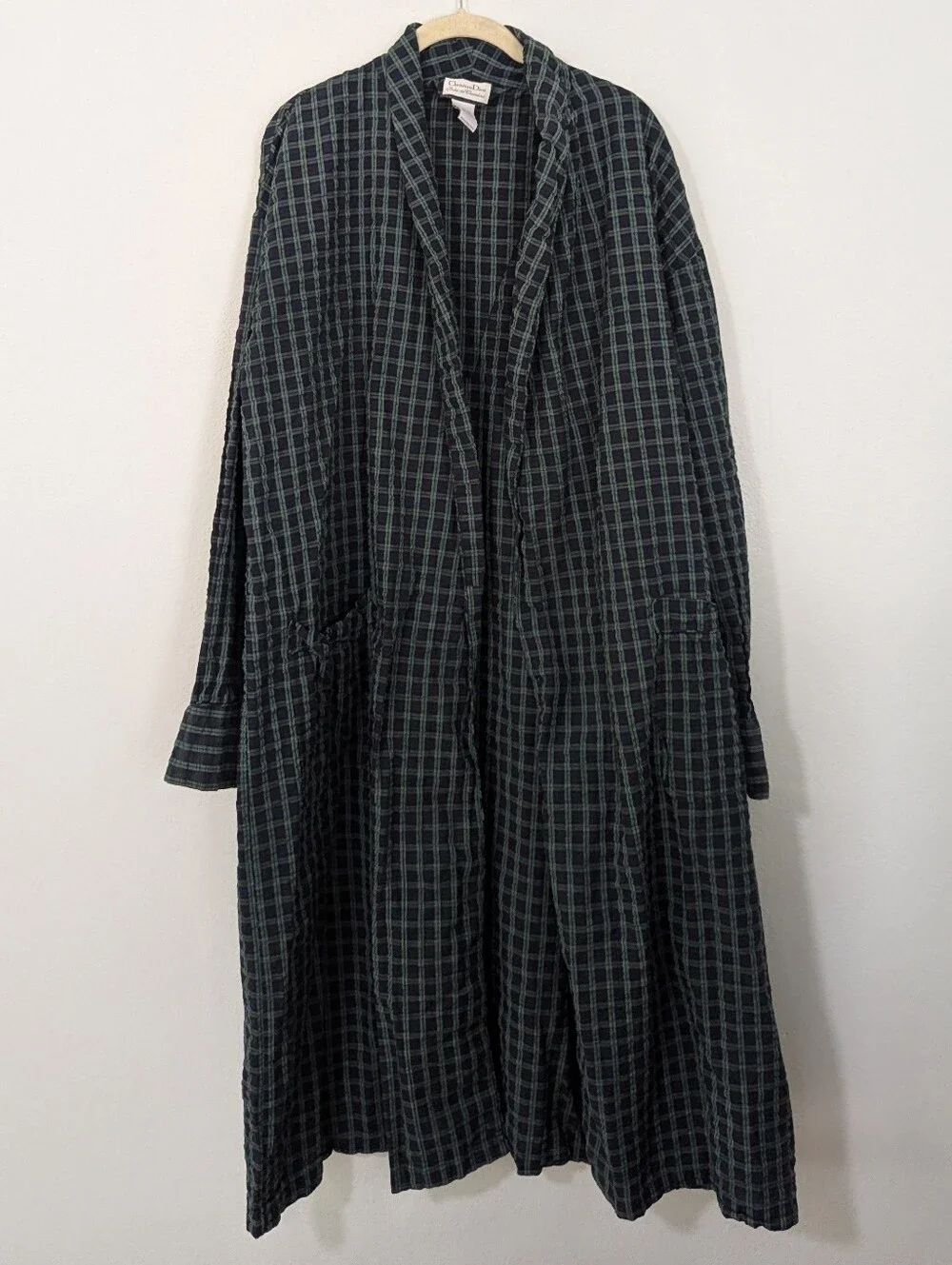 Vintage Christian Dior Robe De Chambre Plaid Robe Cotton Green Blue One Size